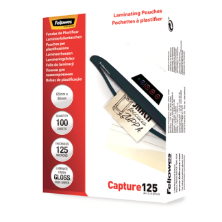 Fellowes | Laminating Pouch - 65x95mm | Glossy | Ideal for identity cards, credit cards, business cards and visitor cards; Capture 125 Micron thickness - providing an advanced level of document protection; Pack size of 100; Compatible with all laminator brands